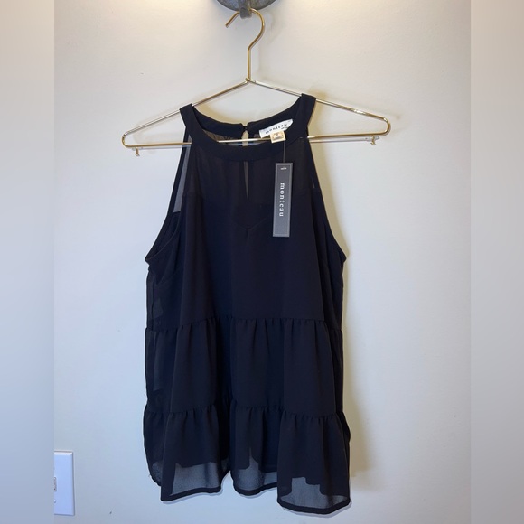 Monteau Tops - Monteau Black Tiered Chiffon Halter Tank Top Small NWT Sheer Back